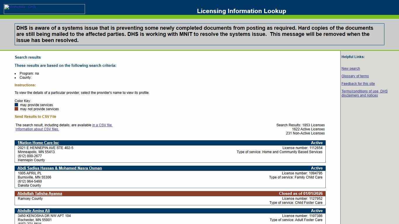 Search results, MN DHS Licensing Info Lookup